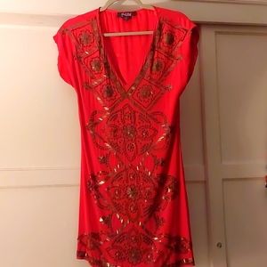 Hale Bob Red silk beaded dress XS
